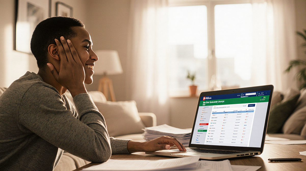Person smiling and typing on laptop with H&R Block tax software open surrounded by paperwork in warm home office