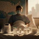 Person sits on hospital bed with mask and empty flu vaccine vials around in a softly lit room with blurred map behind.