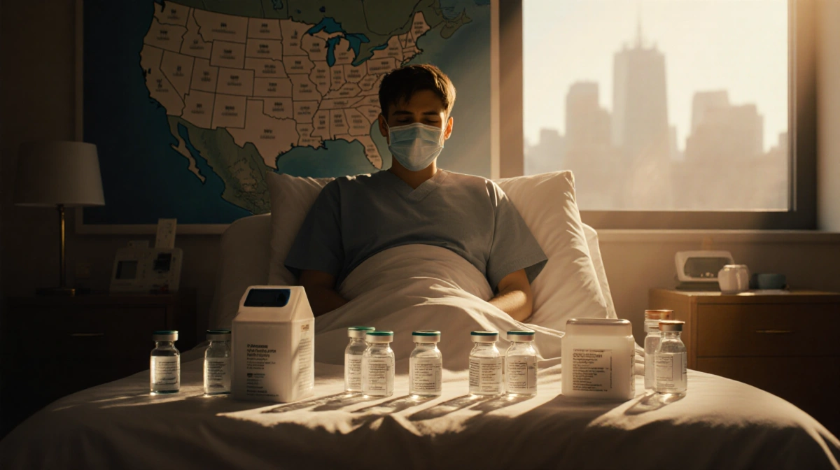 Person sits on hospital bed with mask and empty flu vaccine vials around in a softly lit room with blurred map behind.
