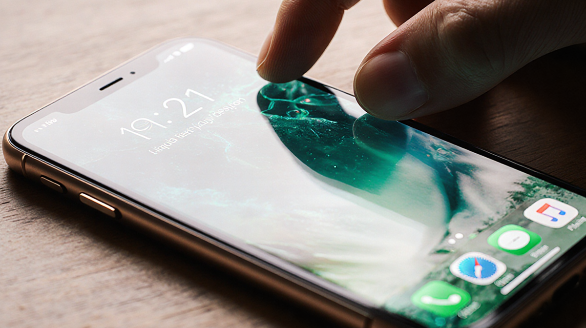 Person’s hand reaching to adjust settings with iPhone screen showing locked Liquid Glass home under warm lighting.