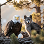 Jackie the bald eagle sits beside her egg with Shadow perched, both gazing at the camera amid a golden nest in pine branches.
