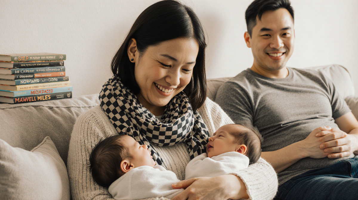 Jessie smiles holding twin newborns on a couch with soft focus background of husband