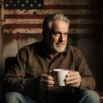 Jon Stewart sits holding a cup of coffee with a warm rustic interior and subtle American flag pattern