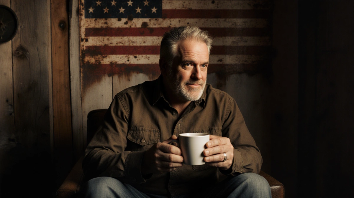 Jon Stewart sits holding a cup of coffee with a warm rustic interior and subtle American flag pattern