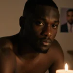 Karamo Brown sits with gentle candlelight illuminating his face and reflective mood as blurred Queer Eye photos show bond