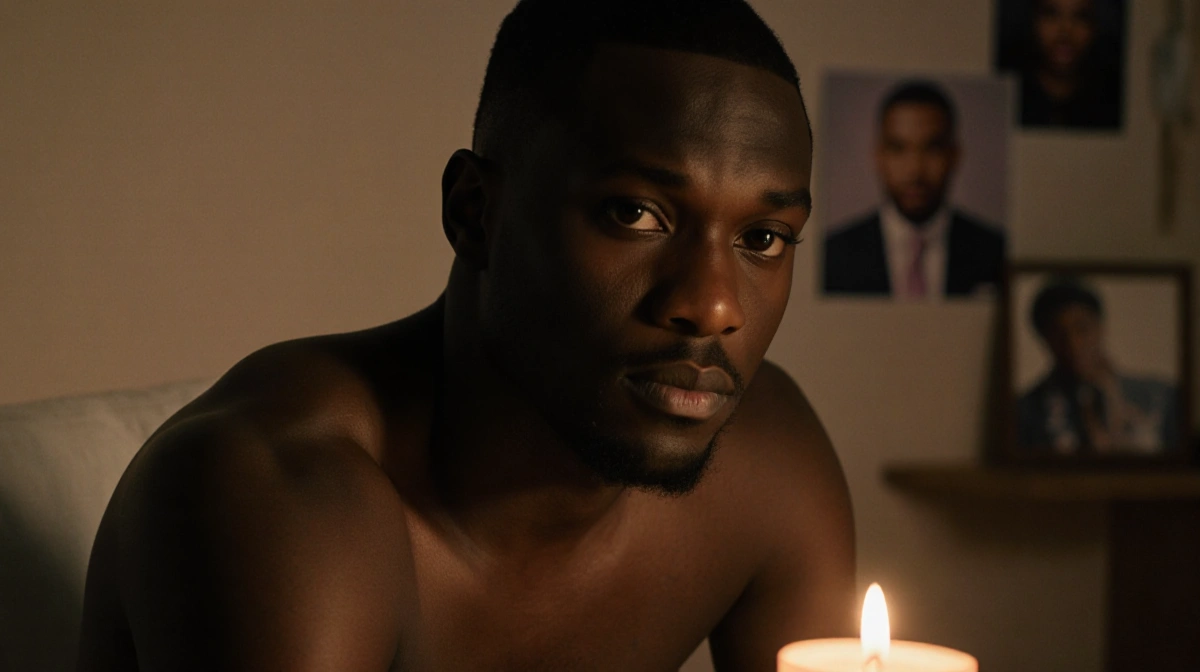 Karamo Brown sits with gentle candlelight illuminating his face and reflective mood as blurred Queer Eye photos show bond