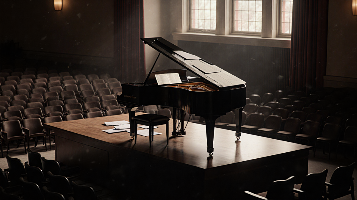 Piano on stage with scattered sheet music and dimly lit empty chairs hinting at an unplayed rehearsal