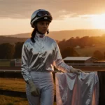 Figure in jockey cap standing triumphantly with white racing silks on fence post at sunset horse farm
