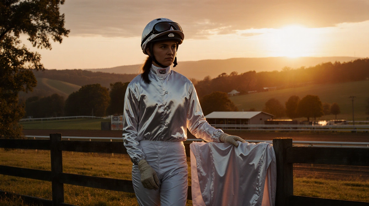 Figure in jockey cap standing triumphantly with white racing silks on fence post at sunset horse farm