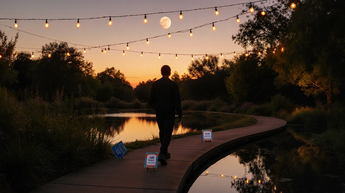 Lone figure walking along winding path at LA Arboretum with sunset glow and event tickets beside string lights.