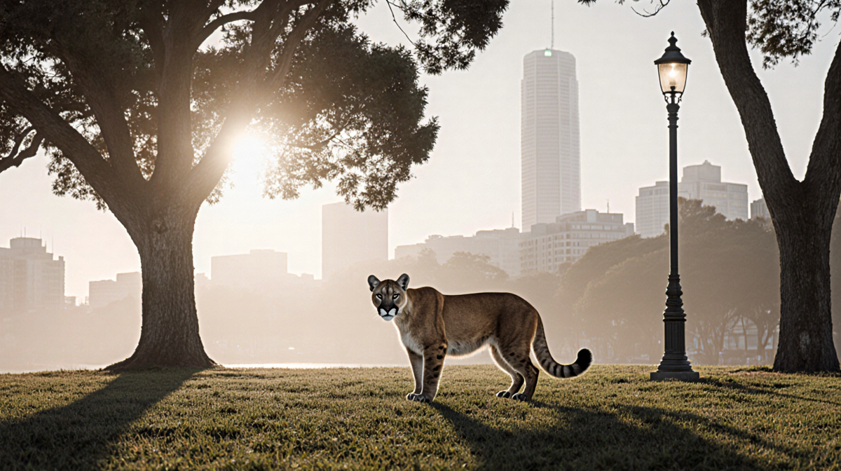 Mountain lion stands calmly in dawn mist of Lafayette Park with San Francisco skyline behind