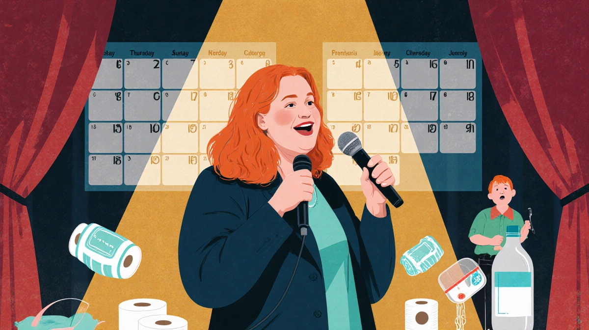 Leanne Morgan performs stand-up comedy with microphone in hand and diaper props on a warmly lit weekend stage.