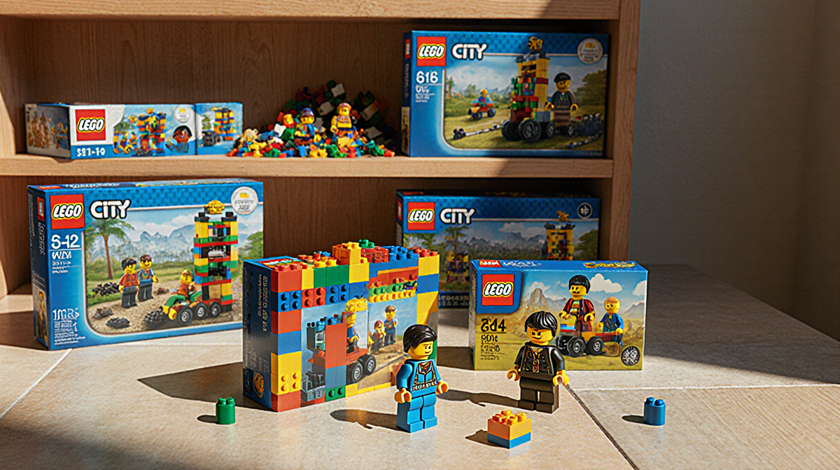 Lego figures building on a colorful table with scattered pieces and bright colors on a neutral floor.