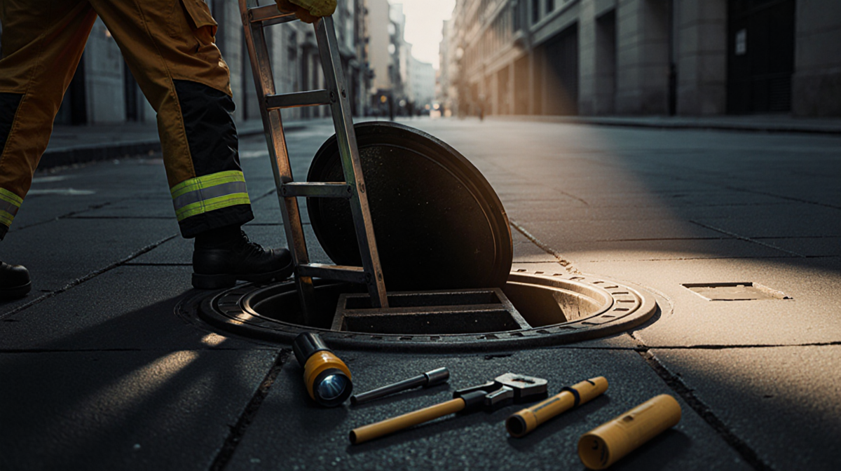 Rescue worker leaning ladder with flashlight beam illuminating partially open manhole cover and dark staircase
