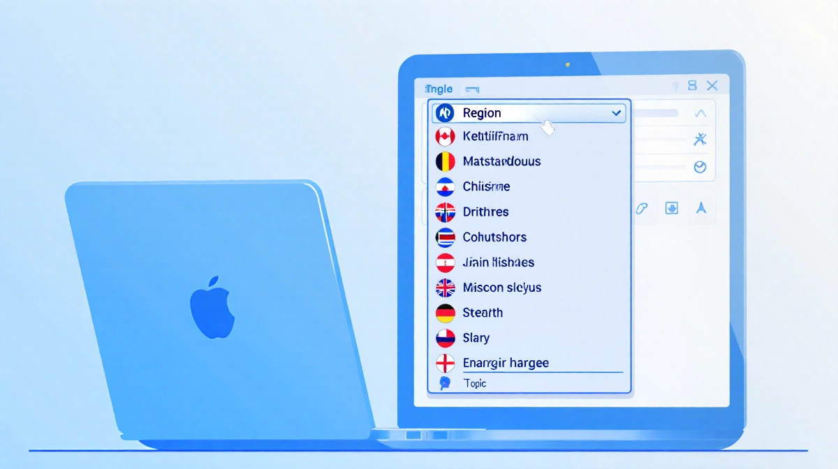 User browsing Mastodon server list on laptop with dropdown menu icons against soft blue background