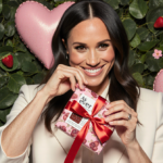 Meghan Markle unwrapping a red ribbon box with strawberry raspberry spread amid lush greenery for Valentine