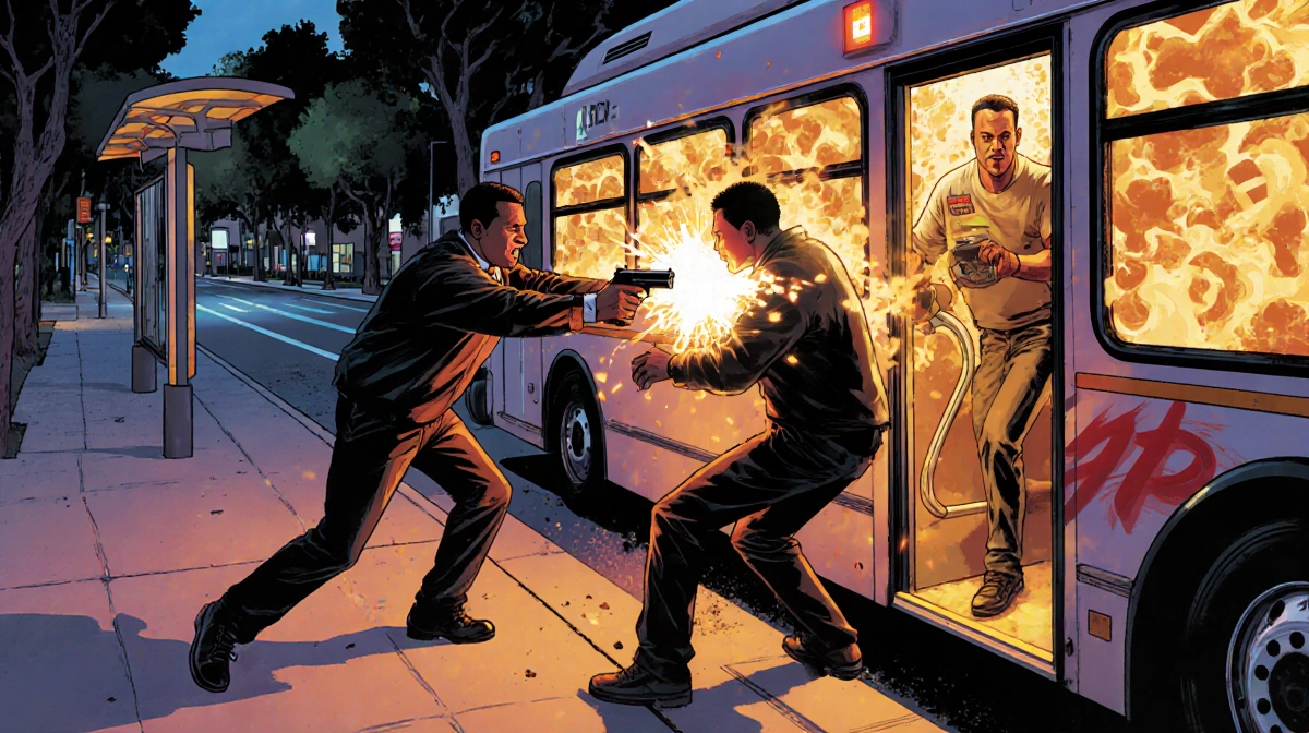 Man pulls out a gun and fires at another with chaotic bus interior and street stop backdrop