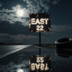 Faded road sign standing on moonlit highway with eerie glow and abandoned tire reflection