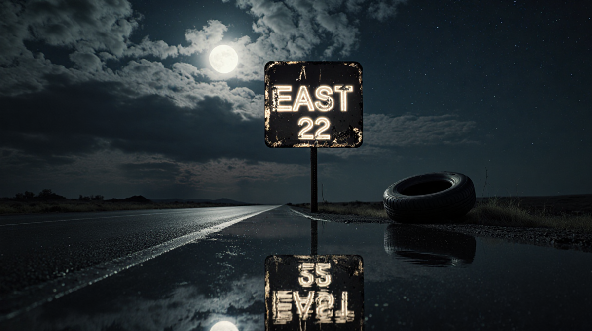 Faded road sign standing on moonlit highway with eerie glow and abandoned tire reflection