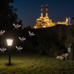 Mosquitoes hover around a street lamp with the Hyperion Plant silhouette glowing over an El Segundo backyard