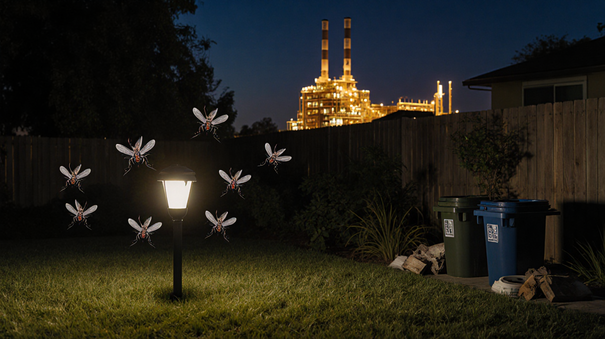 Mosquitoes hover around a street lamp with the Hyperion Plant silhouette glowing over an El Segundo backyard