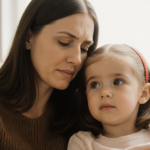 Mother Tara Cochran sits with her 5‑year‑old daughter on a couch sharing a warm intimate moment