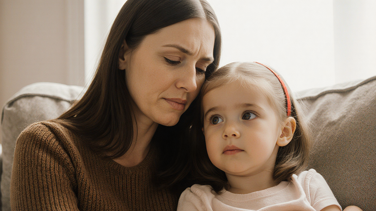 Mother Tara Cochran sits with her 5‑year‑old daughter on a couch sharing a warm intimate moment