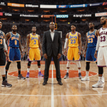 Four young NBA players pose with veteran leaders at opposite ends of a basketball court with bright jerseys and sneakers and