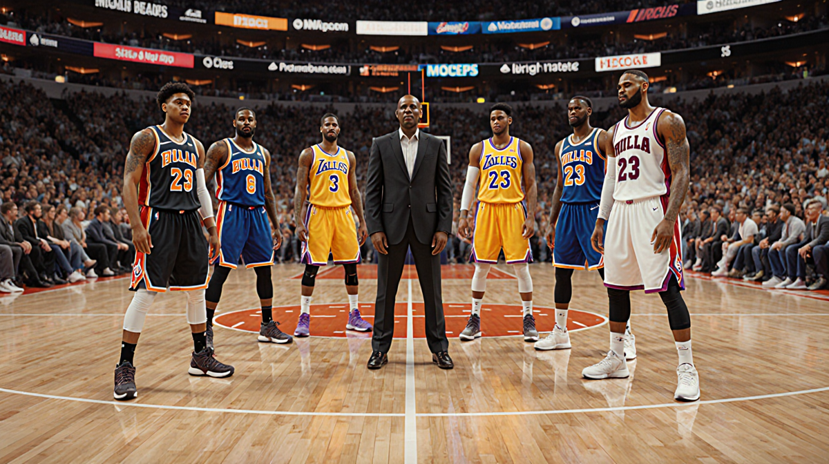 Four young NBA players pose with veteran leaders at opposite ends of a basketball court with bright jerseys and sneakers and