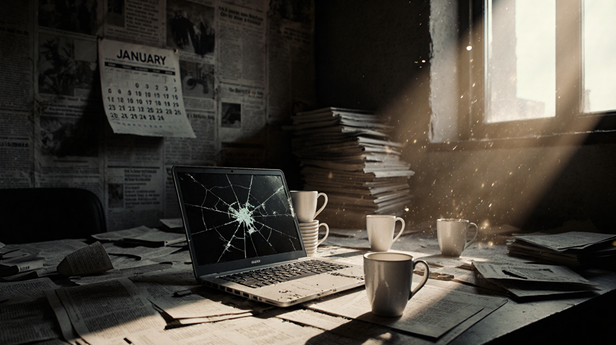 Worn laptop sits on coffee cups with broken screens and scattered papers in a dim newsroom.
