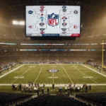Stadium lights illuminate packed NFL field with empty seats and scoreboard showing final playoff matchup