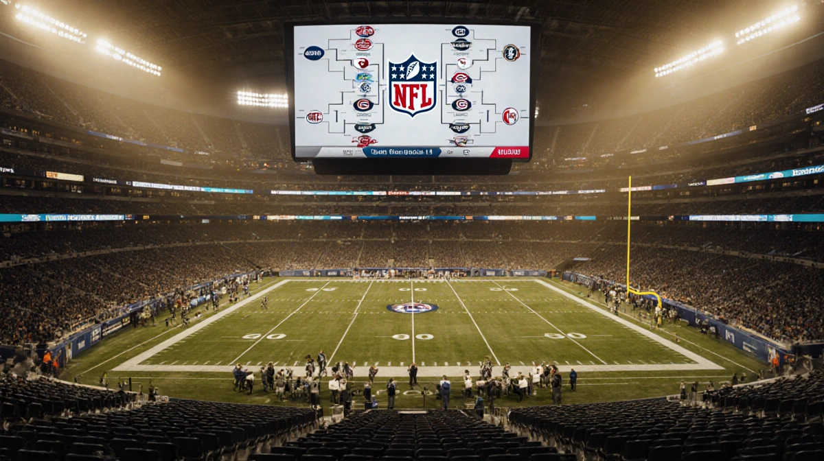 Stadium lights illuminate packed NFL field with empty seats and scoreboard showing final playoff matchup