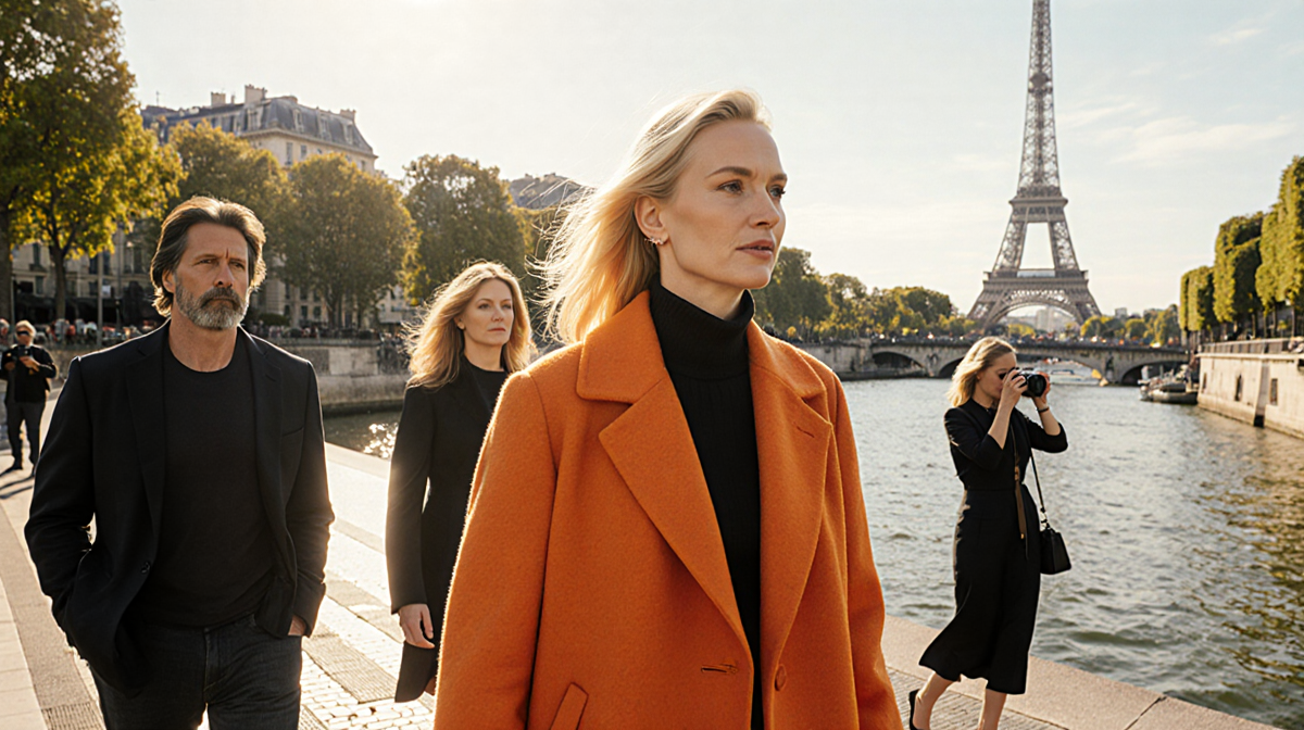 Nicole Kidman strolling along the Seine in an orange coat with Norman Reedus and Diane Kruger near the Eiffel Tower.