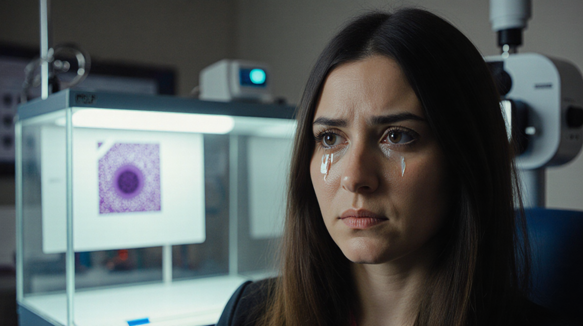 Nicole Polizzi sits somberly with a pap smear slide illuminated by soft lamp glow and subtle tears revealing vulnerability.