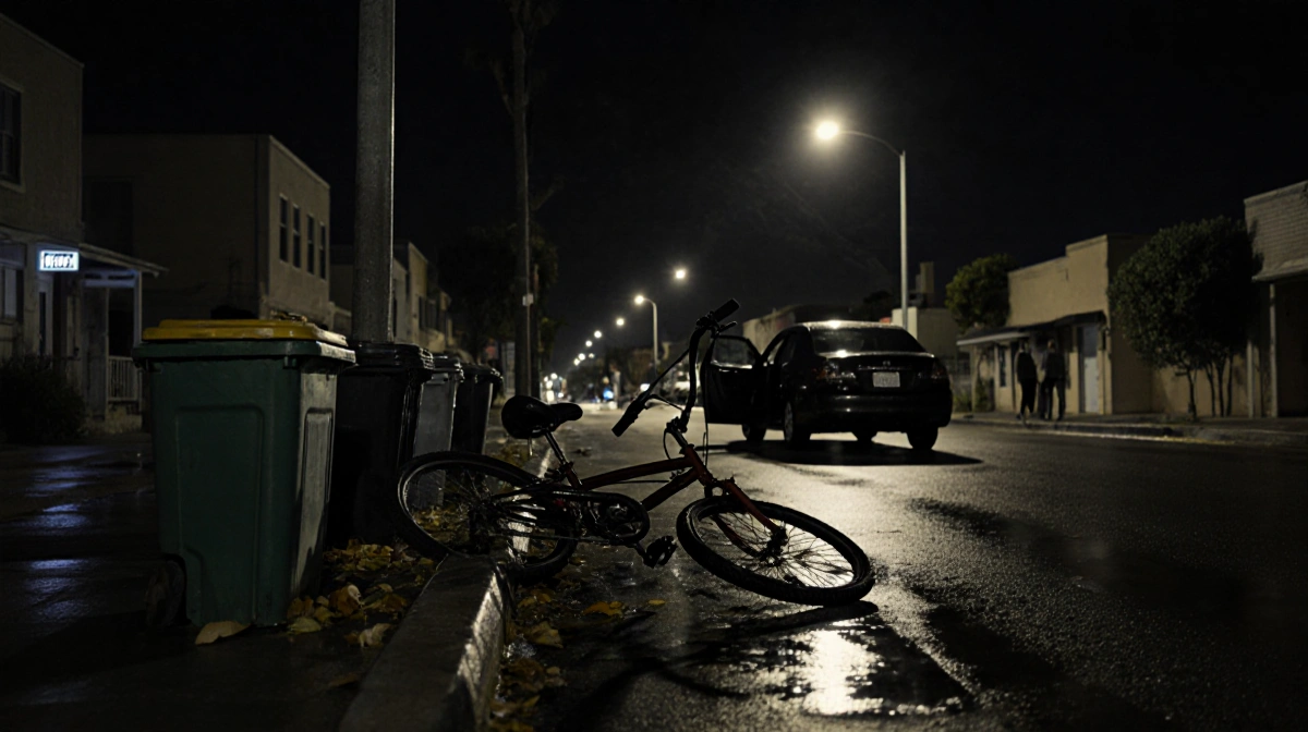 Abandoned bicycle lies on wet pavement with streetlight shadows in nighttime Pacific Beach cityscape