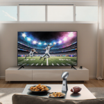 Large OLED TV showing a Super Bowl game with natural light pouring through windows and snacks on the coffee table.