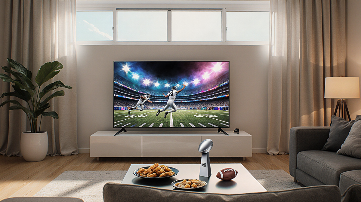 Large OLED TV showing a Super Bowl game with natural light pouring through windows and snacks on the coffee table.