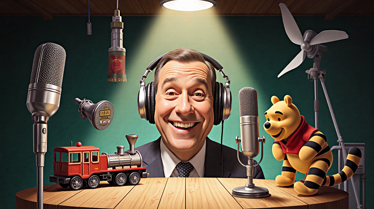 Paul Winchell performs ventriloquism with Winnie the Pooh and Tigger Too in a 1950s studio with microphones and a spotlight