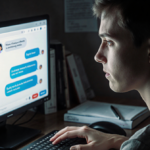 Person sitting looking concerned with computer screen showing online therapy chatbot avatar and dim glow