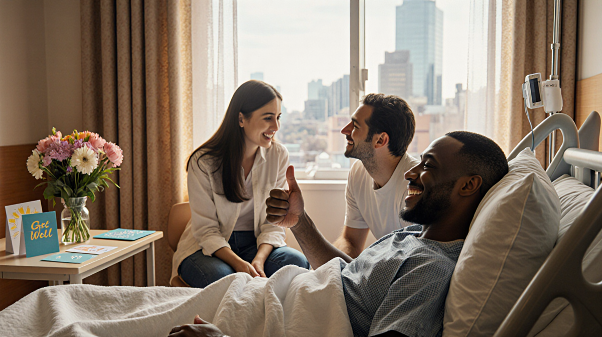 Quinton Aaron gives a thumbs up with a faint smile while family watches in a hospital bed room with bouquet of flowers