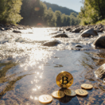 Riverbank scene showing flowing water with rocks and lush green and coins scattered on bank with one bright coin highlighted