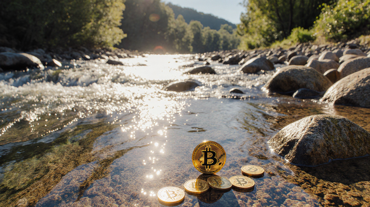 Riverbank scene showing flowing water with rocks and lush green and coins scattered on bank with one bright coin highlighted
