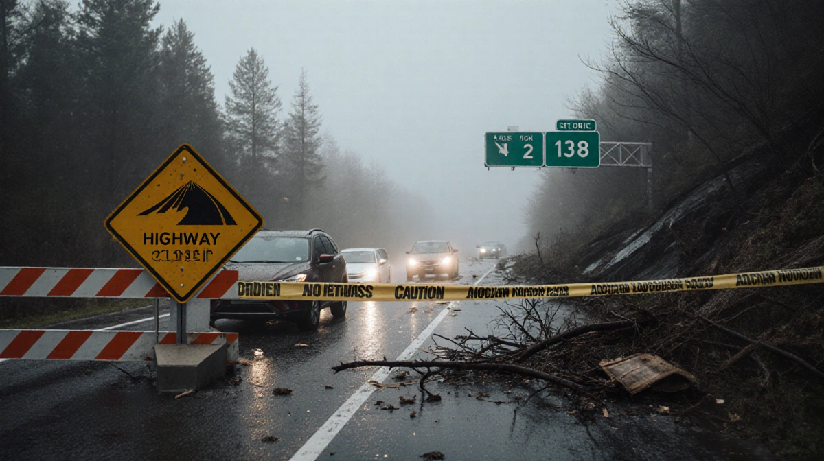 Cars stuck behind a road closure sign with fog and mist and distant highway signs.