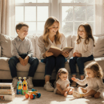 Sarah Jessica Parker reads a book with her son James and twin daughters Tabitha and Marion in a cozy sunlit living room