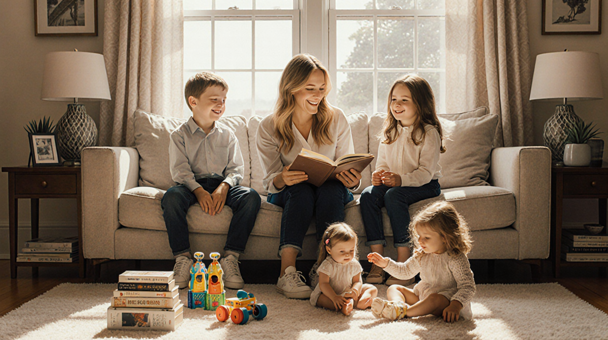 Sarah Jessica Parker reads a book with her son James and twin daughters Tabitha and Marion in a cozy sunlit living room