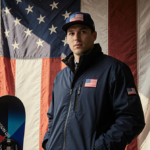 Shaun White standing confidently in a Ralph Lauren jacket with his snowboarding gear at feet and a large American flag backdr