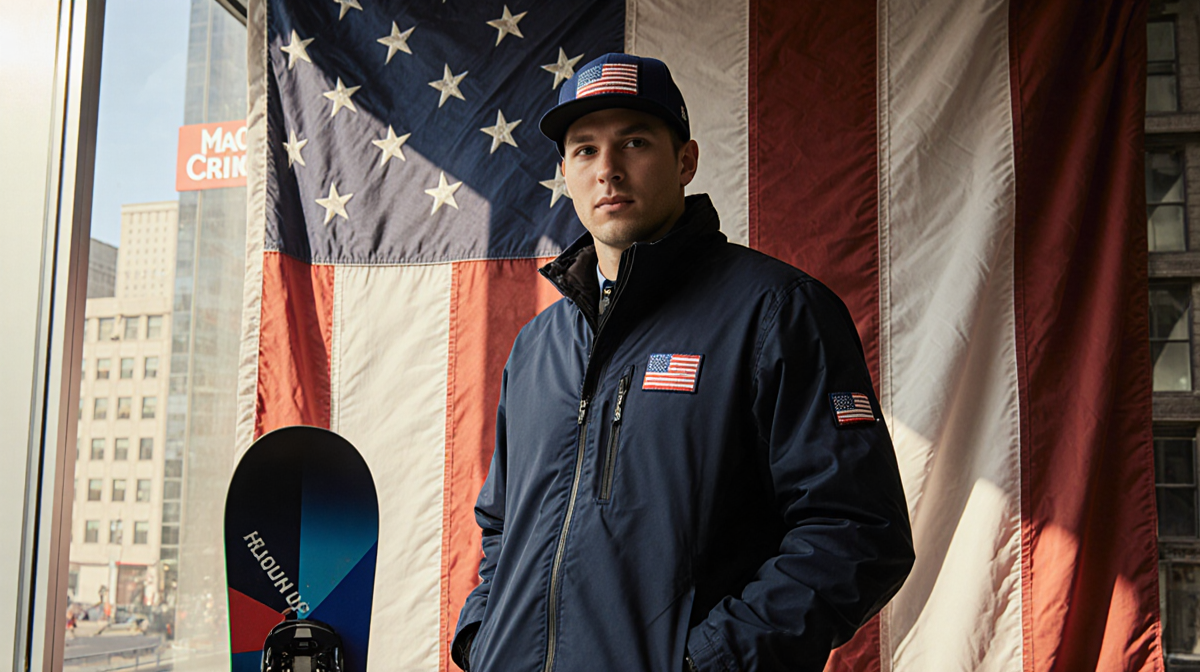 Shaun White standing confidently in a Ralph Lauren jacket with his snowboarding gear at feet and a large American flag backdr