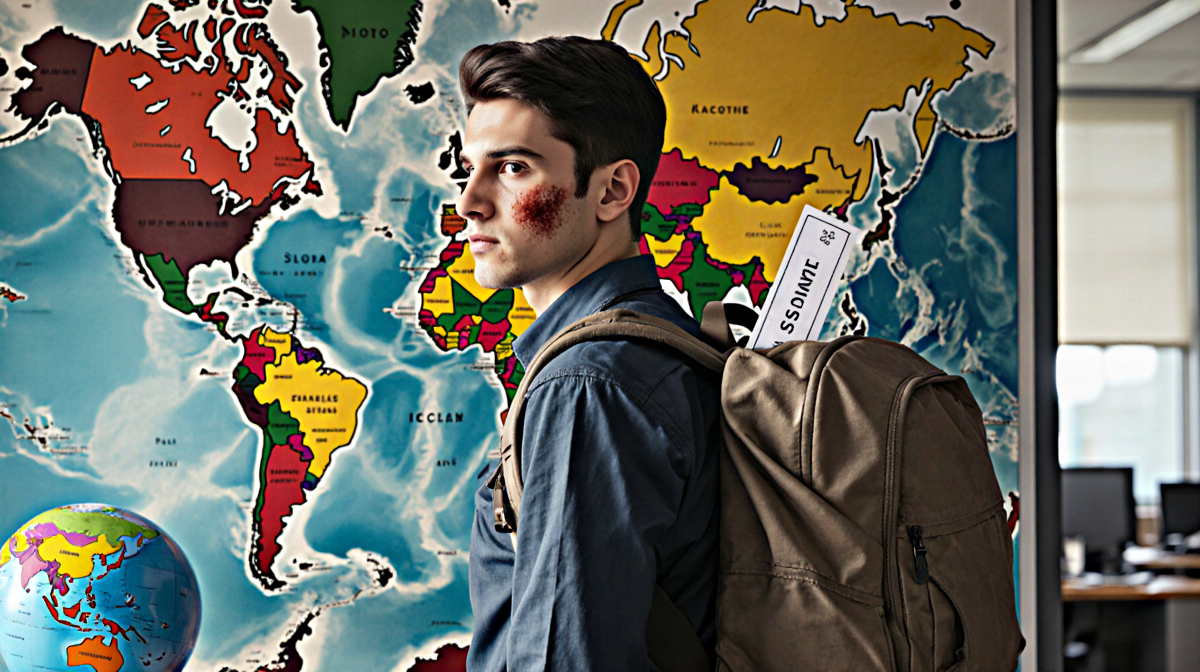 Young man standing with one-way ticket on backpack and suitcase beside a city map in muted office backdrop.