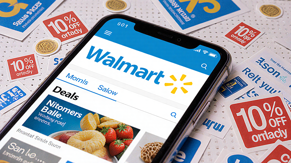Smartphone screen showing Walmart mobile site with bold Deals highlighted near scattered flyers and store shelves background