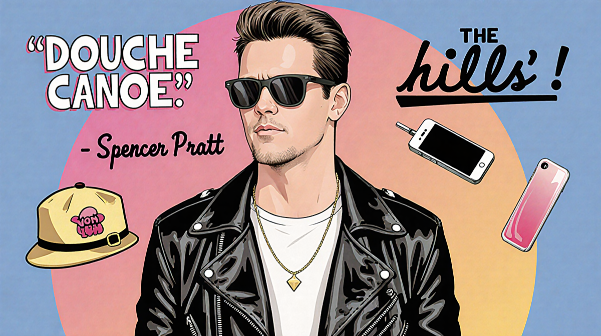 Spencer Pratt grinning in a leather jacket and sunglasses with a Von Dutch hat and bold douche canoe text The Hills